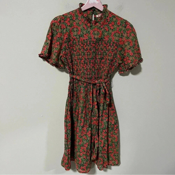 Banjanan Green Red Floral 100% Cotton Smocked Mini Dress XS - Picture 2 of 8